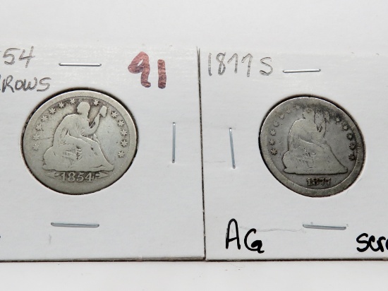 2 Type Seated Liberty Quarters: 1854 Arrows AG, 1877S AG scratches