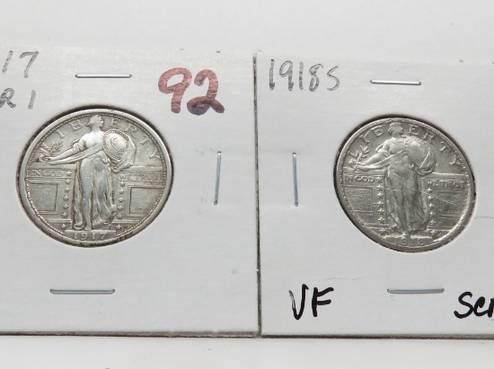 2 Type Standing Liberty Quarters: 1917 Variety 1 VF, 1918S VF scratches