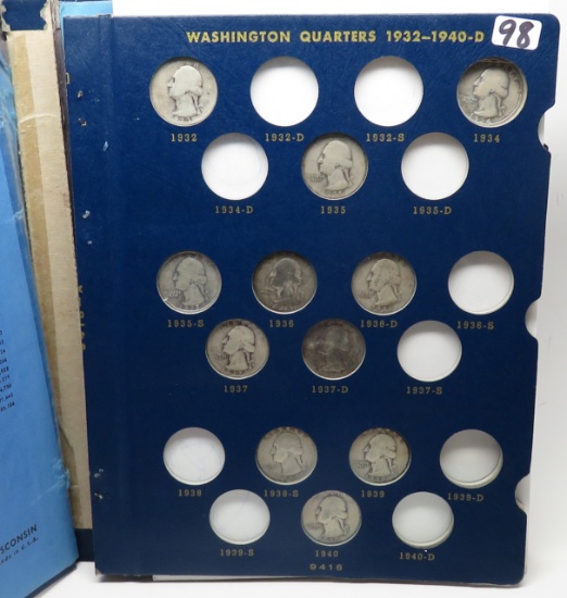 Whitman Silver Washington Quarter Album (spine broken), 1932-1964D, 62 Coins, no Keys, avg circ