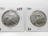 2 American Silver Eagles BU: 1993, 1999