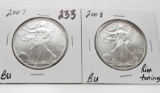 2 American Silver Eagles BU: 2007, 2008 rim toning