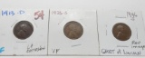 3 Lincoln Wheat Cents: 1913D EF light corrosion, 26S VF, 46S 