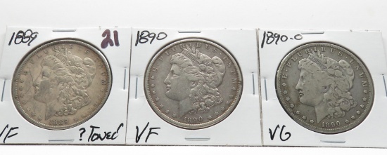 3 Morgan $: 1889 VF ?toned, 1890 VF, 1890-O VG