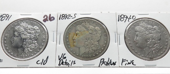 3 Morgan $: 1891 VF cleaned, 1892S VG problems better date, 1894-O F