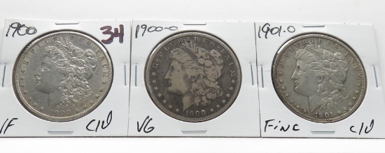 3 Morgan $: 1900 VF cleaned, 1900-O VG, 1901-O F cleaned