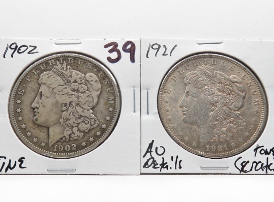 2 Morgan $: 1902 F, 1921 AU toned scrs