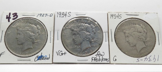 3 Peace $: 1927D F cleaned, 2-34S (G, VG+ few problems)