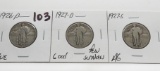 3 Standing Liberty Quarters: 1926D F, 1927D G few scrs, 1927S AG better date