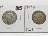 2 Standing Liberty Quarters: 1929 VF, 1929D F