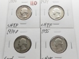 4 Silver Washington Quarters: 1932 CH EF, 34 CH EF, 34D G, 35 CH VF