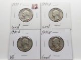 4 Silver Washington Quarters: 1937S G, 1940D G, 1940S VG, 1941D G