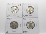4 Silver Washington Quarters: 1940D VF ?clea, 1942D CH EF, 1943 Unc,1943S VG