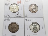 4 Silver Washington Quarters: 1944 D/D? CH EF few bag marks, 44S VF, 46S VG, 47S Unc
