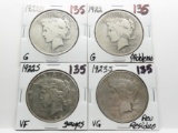 4 Silver Peace $: 1922 G problems, 22D G, 22S VF gouges, 23S VG rev residue