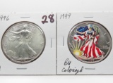 2 Silver American  Eagles BU: 1996, 1999 colorized