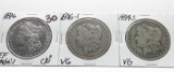 3 Morgan $: 1896 EF cleaned, 1896S VG, 1899S VG