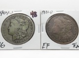 2 Morgan $: 1904S AG better date, 1921D EF toned