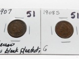 2 Indian Cents: 1907 F error blank rev planchet, 1908S G better date