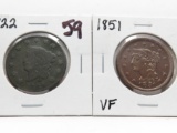 2 Type Large Cents: 1822 G, 1851 VF