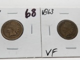 2 Indian Cents: 1861 VG, 1863 VF
