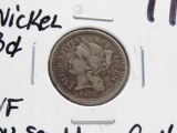 Nickel 3 Cent 1879 VF obv scratch, rim nick, light corr. Better date