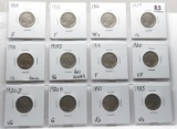 12 Buffalo Nickels: 1914 F, 15 F, 16 VF+, 17 VG, 18 VG toned, 18D VG rev scr, 19 F, 20 VF, 20D VG, 2