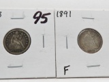 2 Type Seated Liberty Dimes: 1853 Arrows F+, 1891 F