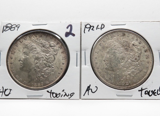2 Morgan $ AU toned: 1889, 1921D