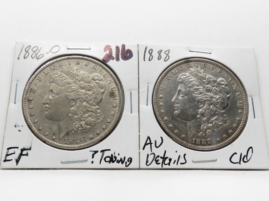 2 Morgan $: 1886-O EF ?toning, 1888 AU clea