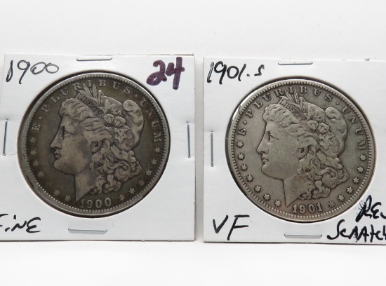 2 Morgan $: 1900 Fine, 1901S VF rev scrs