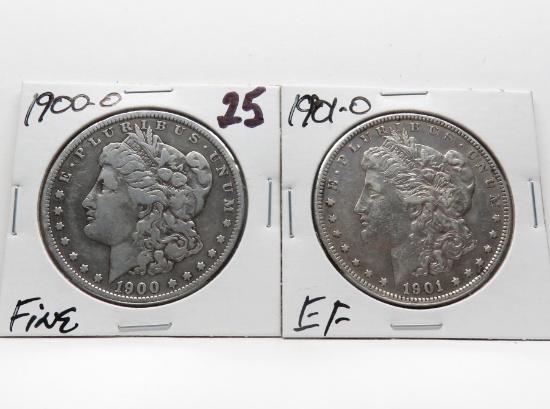 2 Morgan $: 1900-O Fine, 1901-O EF