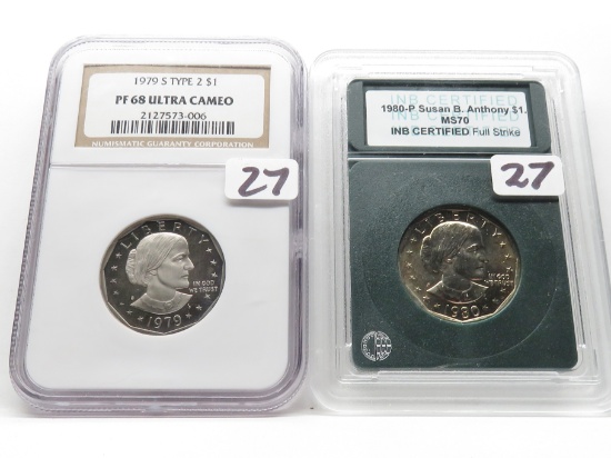 2 Susan B Anthony Silver $ 1979-S Type 2 NGC PF68 UC & 1980-P INB CH MS