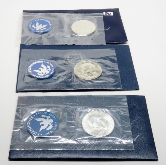 3 Eisenhower Silver Unc $ blue envelopes: 1971, 1973, 1974