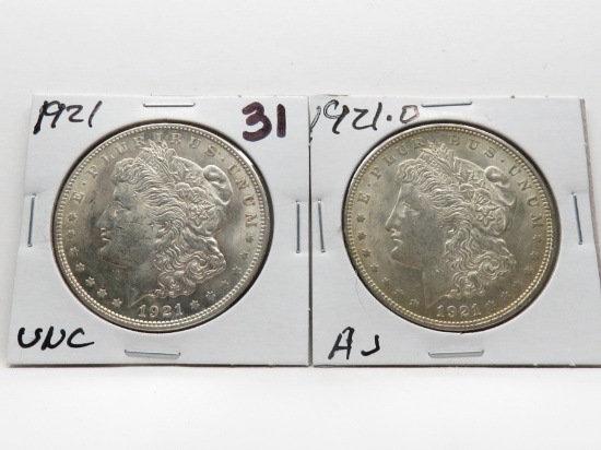 2 Morgan $: 1921 Unc, 1921D AU