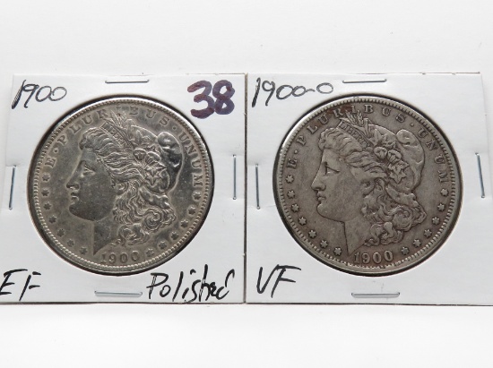 2 Morgan $: 1900 EF polished, 1900-O VF