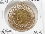 $5 Gold Indian 1915 in filigree bezel to hang