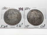 2 Morgan $ cleaned: 1882-O F, 1884 VF