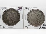 2 Morgan $: 1900 Fine, 1901S VF rev scrs