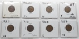 8 Lincoln Cents: 1909 F corr, 2-09VDB (F+, VF), 10S F obv scr, 12S VG, 13D F ?color, 2-22D (G, VG)