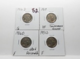 4 Buffalo Nickels: 1916D G, 17 VF ?environmental damage, 26D F obv/rev scr, 31S F