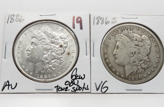 2 Morgan $: 1886 AU few obv tone spots, 1886S VG  better date