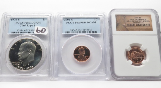 3 Slabbed Coins: Eisenhower $ 1976S Clad Type 1 PCGS PR67 DCAM; 2 Lincoln Cents (2002S PCGS PR69 RD