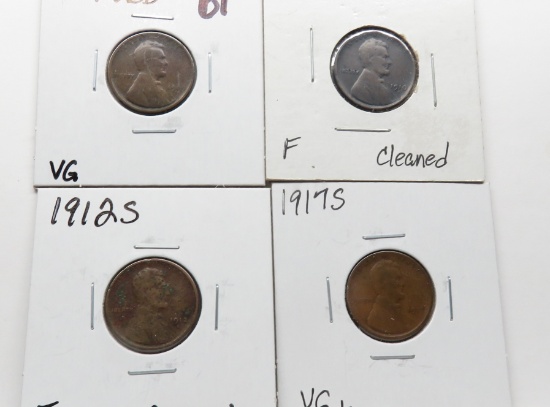 4 Lincoln better dts: 1909 VDB VG, 1910S F cleaned, 1912S F corrosion, 1917S VG+