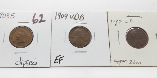3 Type Cents: Indian 1908S F dipped better date; Lincoln 1909VDB EF; Lincoln 1982 LD