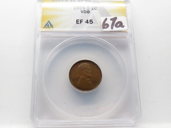 Lincoln Cent 1909S VDB ANACS EF45, Key Date