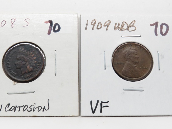 2 Type Cents: Indian 1908S VG heavy corrosion, better date; Lincoln 1909VDB VF