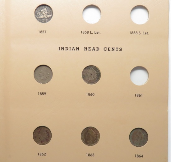 Dansco FE/Indian Cent Album 50 Coins: 1857 VG, 1859 G, 60 G, 62 G, 63 AU, 64 G corr, 64 G scr, 65 AG