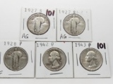 5 Silver Quarters: 3 Standing Liberty (1927S AG, 27S AG, 28 F); 2 Washington (42D, 43)
