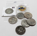 Half $ Mix: Barber 1913 G ?clea; Walking Liberty no dt; 6 Clad Kennedy-1 colorized