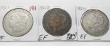 3 Morgan $: 1921 VF, 1921D EF obv toned, 1921S EF